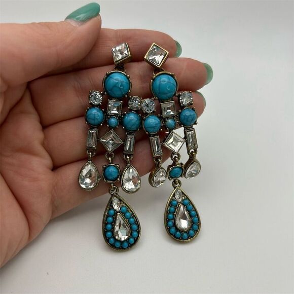 Bohemian Faux Turquoise & Rhinestone Sparkle Dangle Chandelier Earrings Chic - Picture 5 of 8